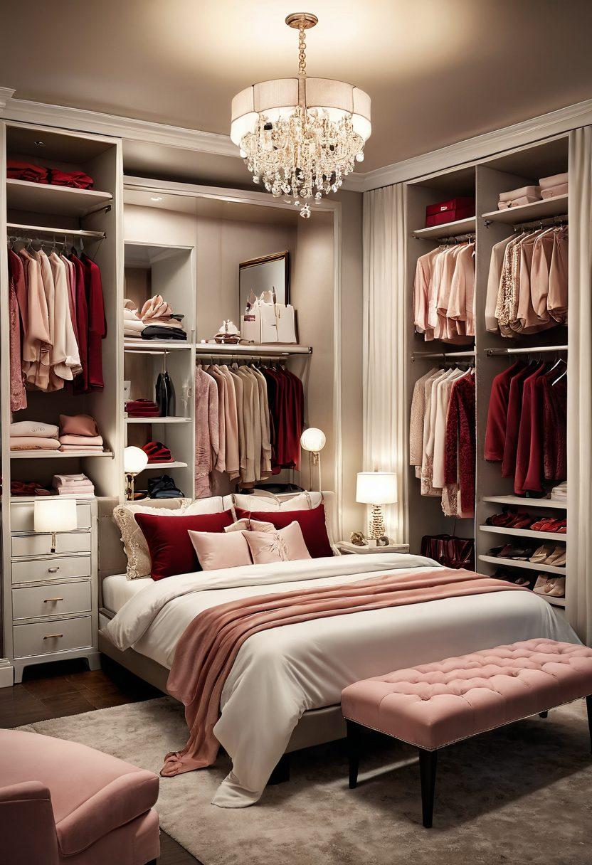 A stylish bedroom setting with a cozy bed adorned with luxurious sleepwear, transitioning into a beautiful wardrobe displaying a variety of sexy outfits. Include soft lighting casting warm glows and plush textures like silk and lace. Showcase a pair of elegant high heels and delicate lingerie peeking out from the closet. Elegant color palette with deep reds and soft creams. super-realistic. vibrant colors. soft lighting.