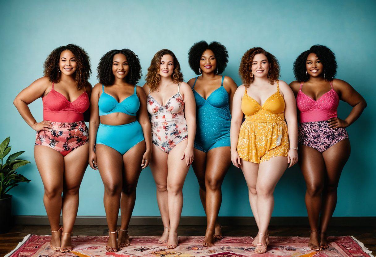 A diverse group of curvy women confidently modeling stylish intimates in a bright, inviting setting. Each woman showcases her unique personality through vibrant colors and patterns, radiating joy and self-love. Include empowering quotes subtly displayed in the background, emphasizing body positivity and confidence. Emphasize a warm and inclusive atmosphere with soft lighting. super-realistic. vibrant colors. white background.